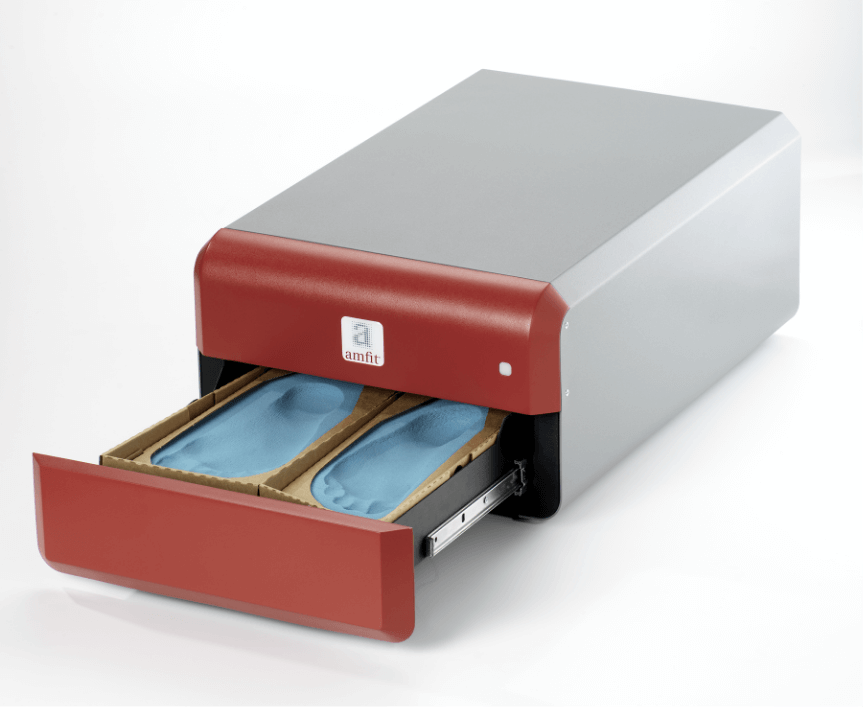 Foot scanning and molding machine used by patients to take a precise physical impression of their feet, ensuring accurate shape capture and durable, long-lasting custom orthotics through proven fabrication methods