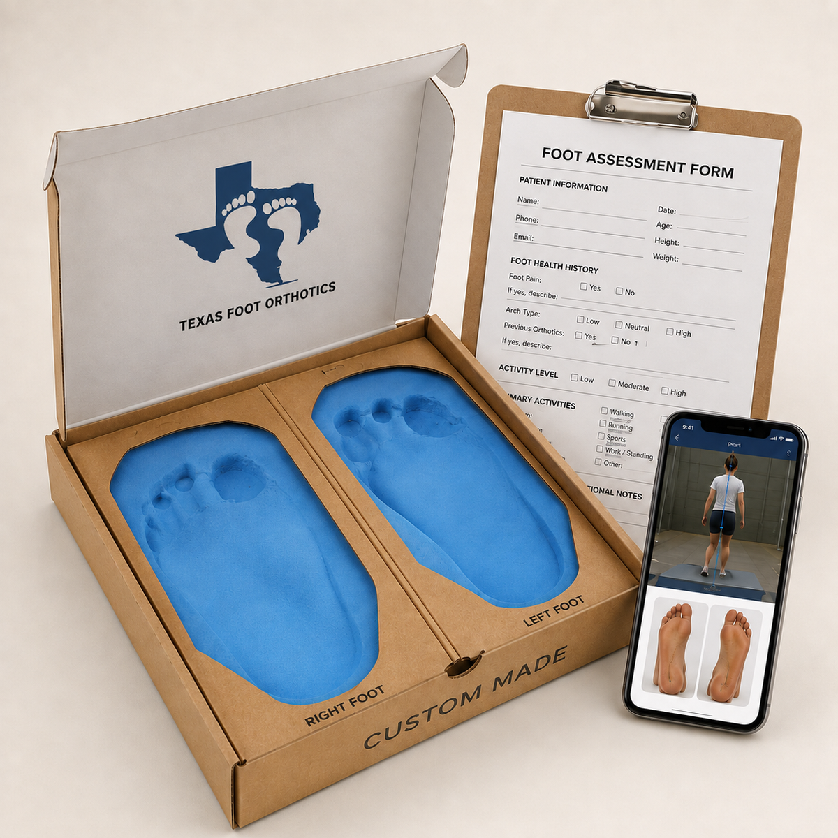 Texas Foot Orthotics impression kit, foot assessment and gait photos